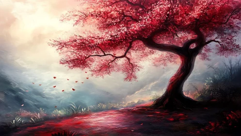 Scarlet blossom tree curves over misty valley path.