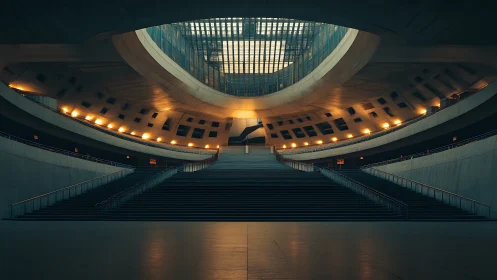 Futuristic concrete atrium with grand central stairway.