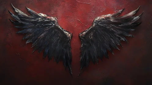 Textured black angel wings sculpture on distressed red wall