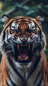 Roaring tiger bares fangs in razor-sharp portrait close-up.