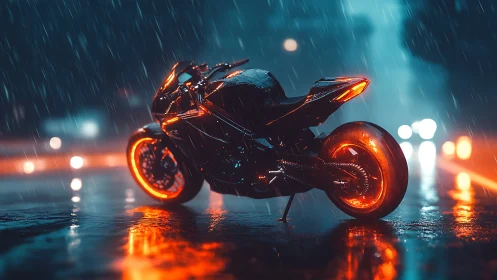 Neon storm racer idles in rainlit cyberpunk boulevard night.