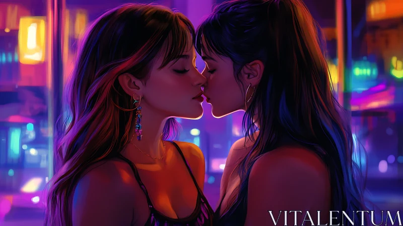 Two women kiss in a neon‑lit urban night environment