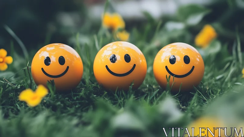 Triple smiley spheres aligned in shallow-depth garden portrait