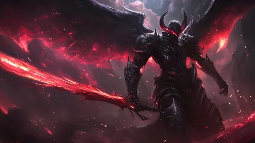 Dark winged warrior glowing with crimson infernal power.