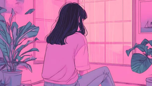 Pink hush windowlight with daydream girl and patient plants.
