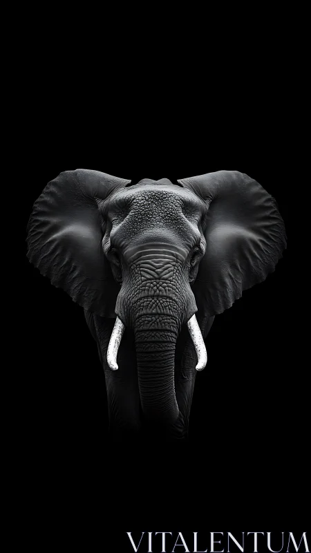 Monochrome frontal portrait of an elephant on black background.