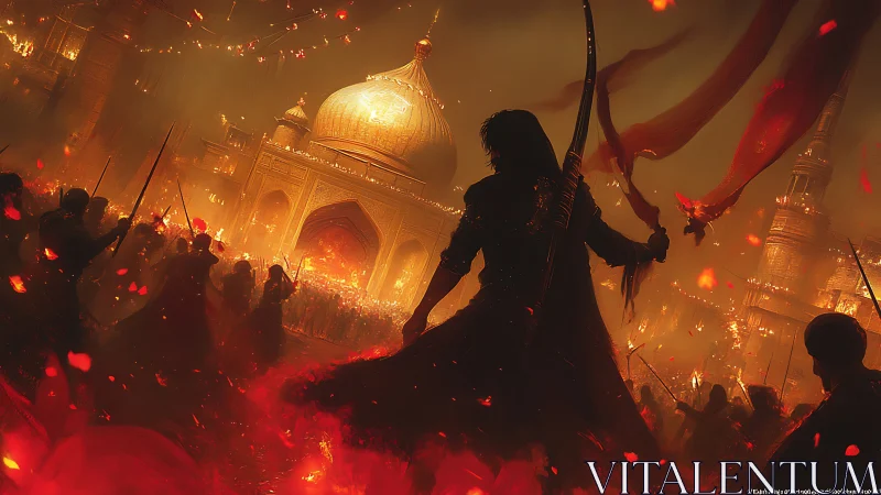 Sword-bearing figure before illuminated domed palace at night.