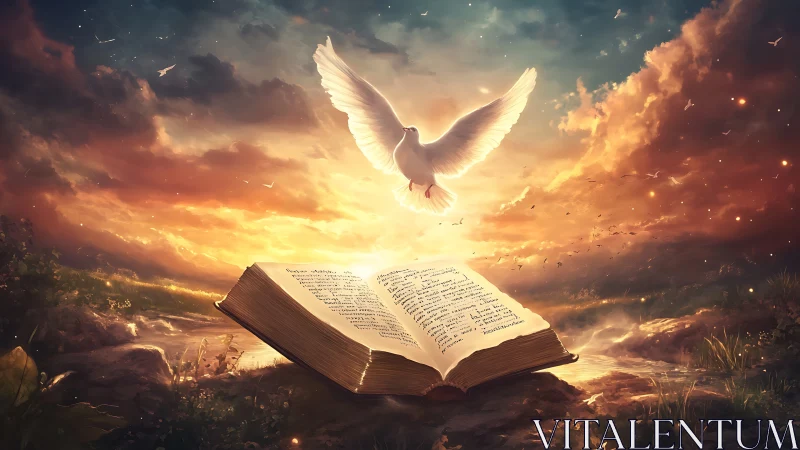 Glowing open book under radiant sky with soaring white dove.
