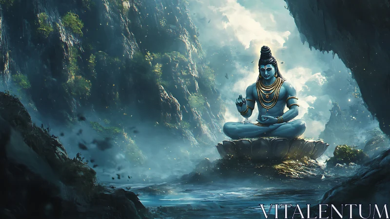 Mountain mist cradles a serene cosmic yogi on lotus throne