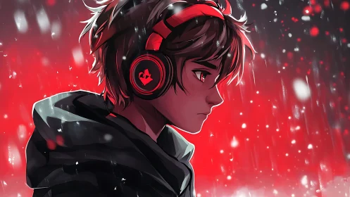 Brooding gamer boy in red headphones under falling snow.