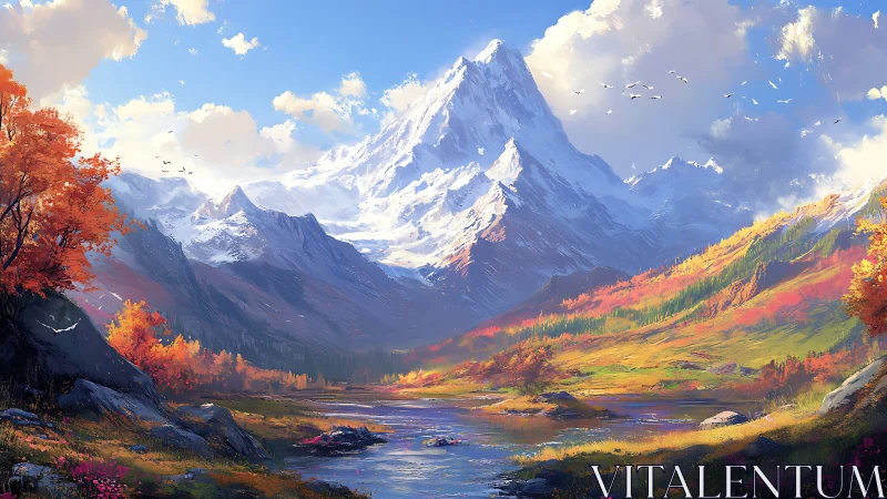 Golden autumn valley rests beneath a peaceful snowy peak