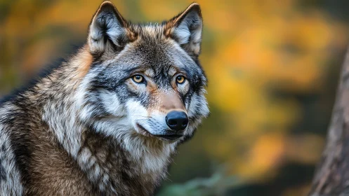 Telephoto portrait of gray wolf against autumn bokeh forest