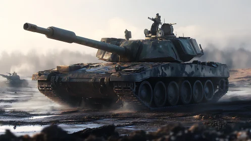 Armored battle tank advancing through misty muddy field.
