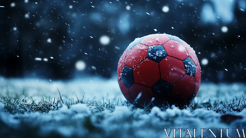 Red and black soccer ball on snow covered grass field.