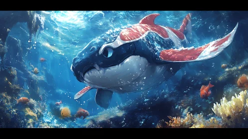 Fantasy manta whale gliding through bright reef seascape.