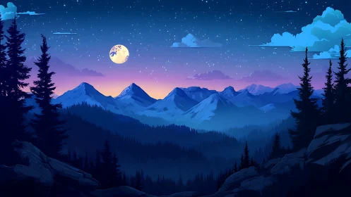 Moonlit ridges trade whispers with twilight over pine valleys