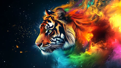 Tiger head dissolves into multi-colored nebula-like forms