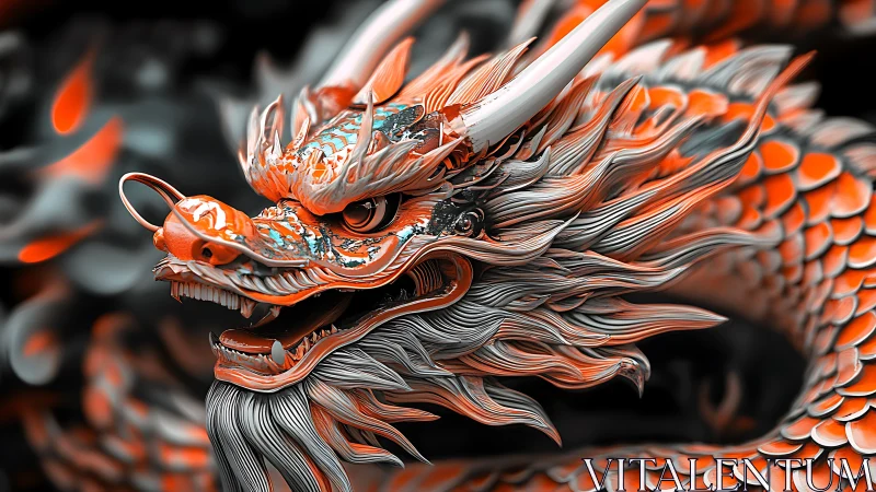 Fiery scaled dragon coiled in shimmering silver and orange.