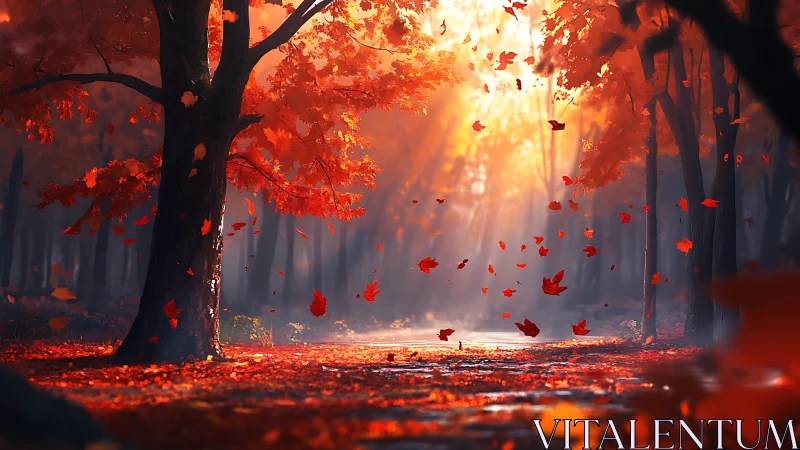 Crimson autumn forest with glowing backlit leaf shower.