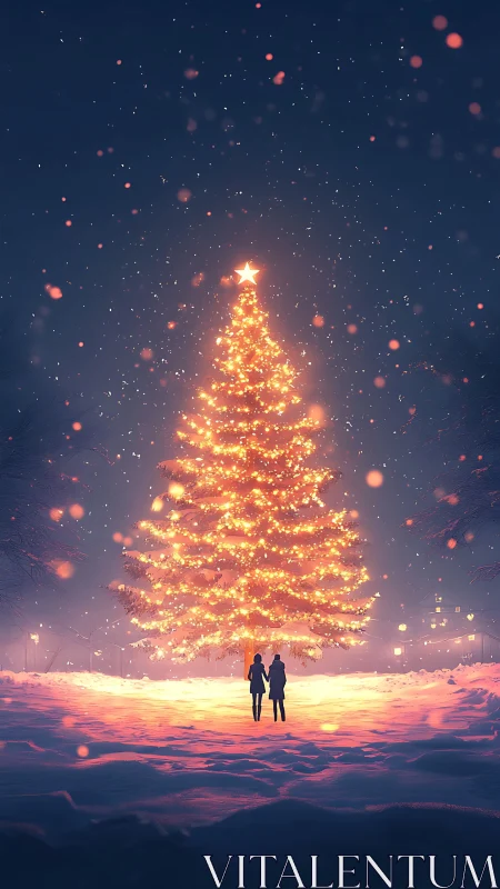 Illuminated city park Christmas tree under snowfall at night