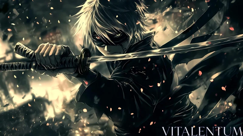 Masked anime swordsman poised in glowing embers storm.