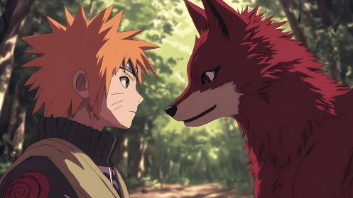 Anime boy faces red fox in softly lit forest clearing.