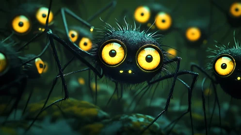 Wide-eyed furry spider creatures cluster in dense green fog