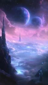 Vertical nebula skyline with luminous exoplanetary horizons.