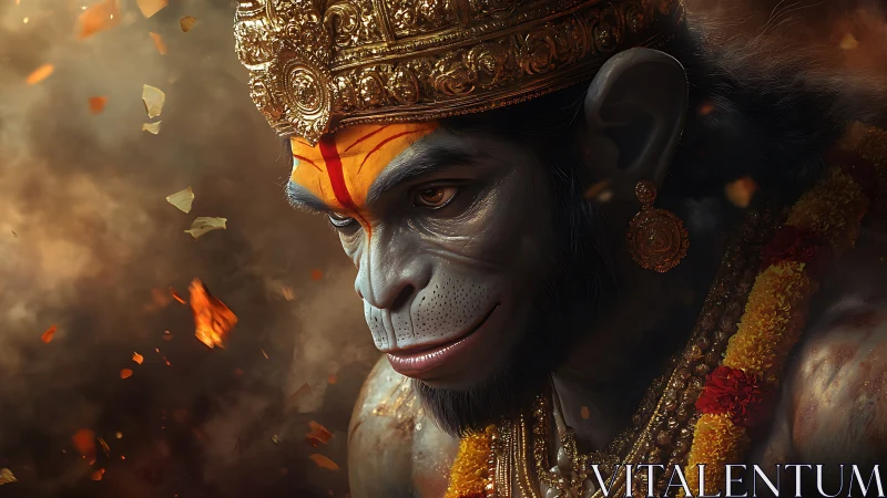 Monkey-headed deity portrait shows ornate golden crown and garlands