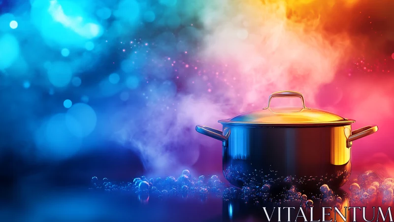 Metal stockpot on reflective surface amid colored vapor field.