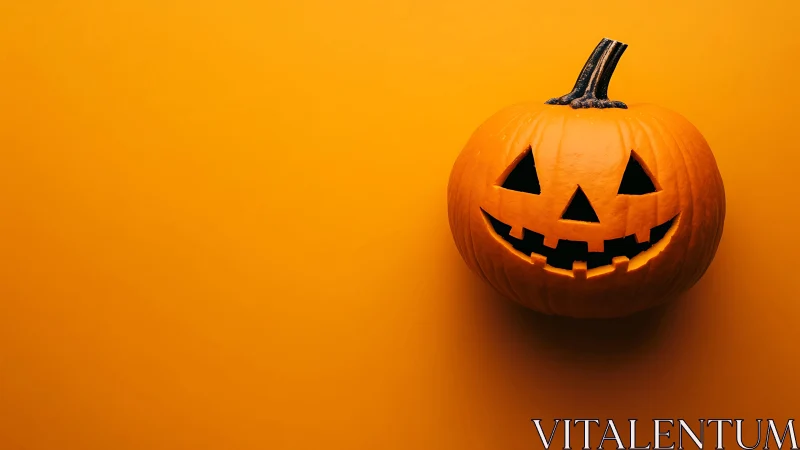 Jack o lantern pumpkin glows against solid orange background