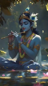 Serene blue deity playing flute amid reflective lotus water surface