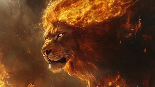Fiery leonine profile with flame-mane against dark smoke