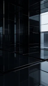 Dark glass geometric interior with sharp reflective planes.