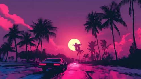 Palm-lined coastal highway under neon sunset light.