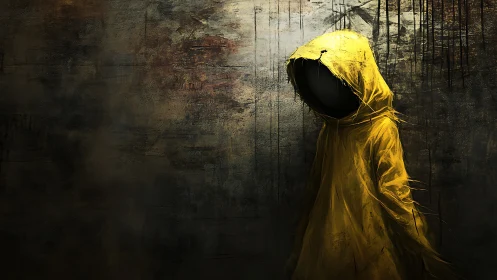 Hollow hood in yellow raincoat haunting a ruined wall.