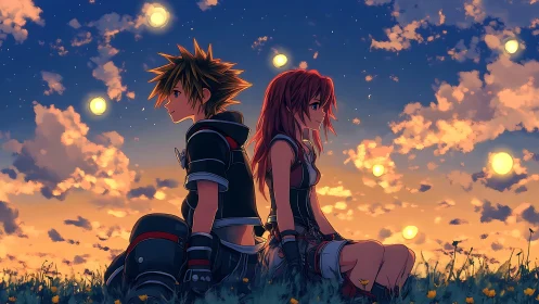 Backlit anime duo seated against volumetric sunset skyfield