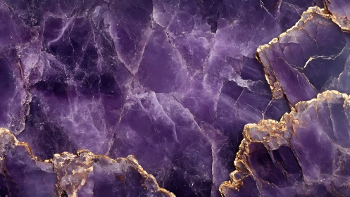 Purple amethyst geode surface with gold mineral veins.