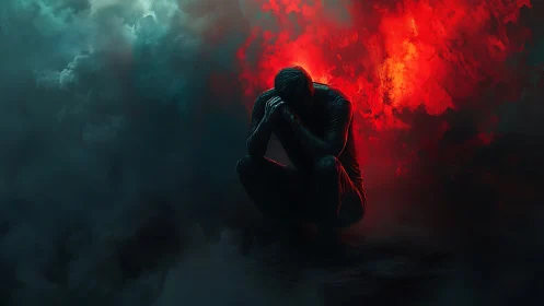 Crouched ember soul amid storm-blackened sorrow clouds.