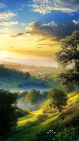 Sunrise over misty green valley with rolling hills glowing.
