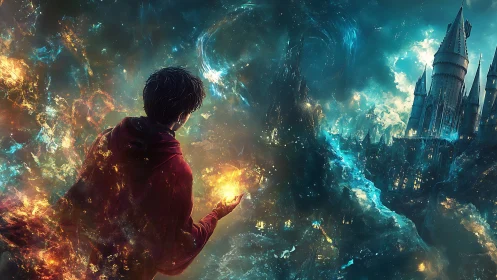 Firelit young sorcerer weighs a glowing castle in starlit void