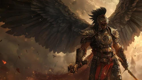 Winged armored warrior in battle smoke with extended span.