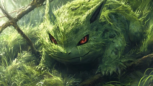 Forest guardian creature resting in a tangle of wild green.