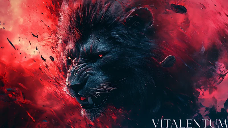 Digital feral lion head in red particle explosion field.