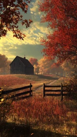 Cozy autumn farmhouse along a sunlit country lane.