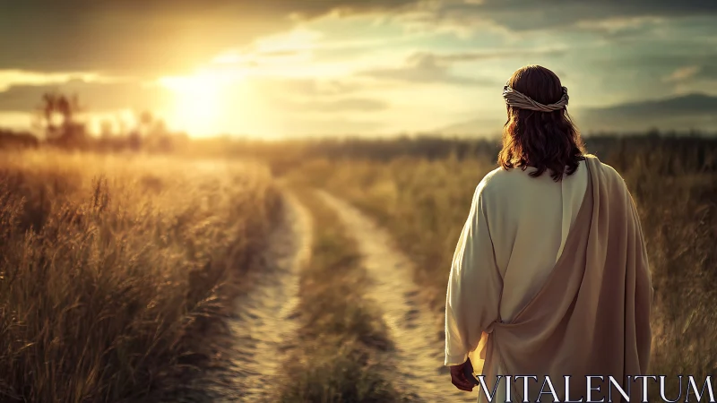Robe-clad figure walking alone on rural path at sunset.