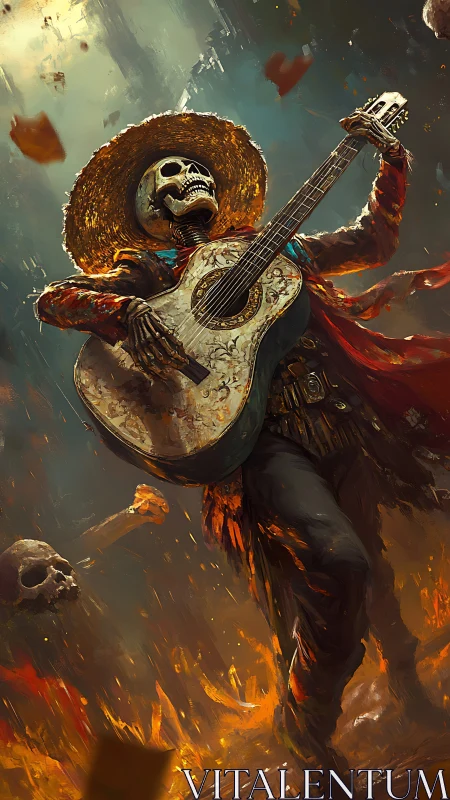 Skeleton mariachi guitarist strides through swirling embers