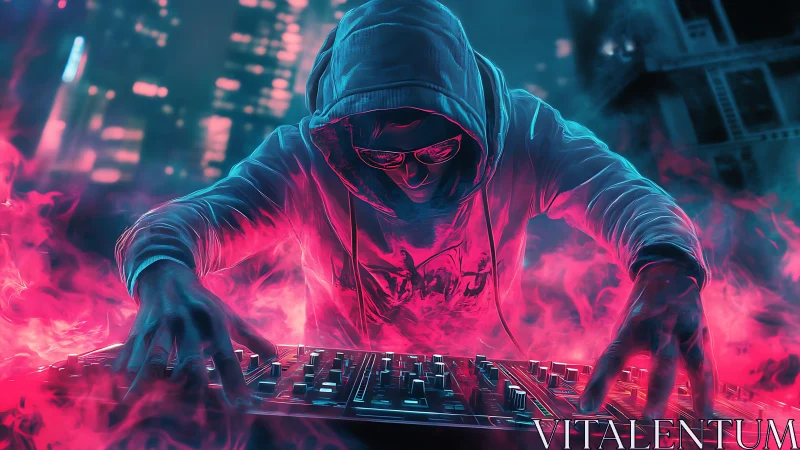 Neon hooded alchemist bends city smoke into pulsing sound