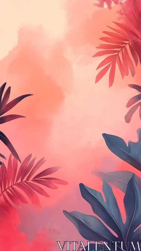 Tropical foliage silhouette on pink and coral gradient sky.