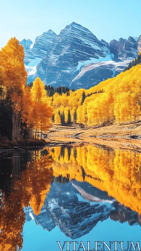 Golden autumn aspens frame calm lake and snowy peaks